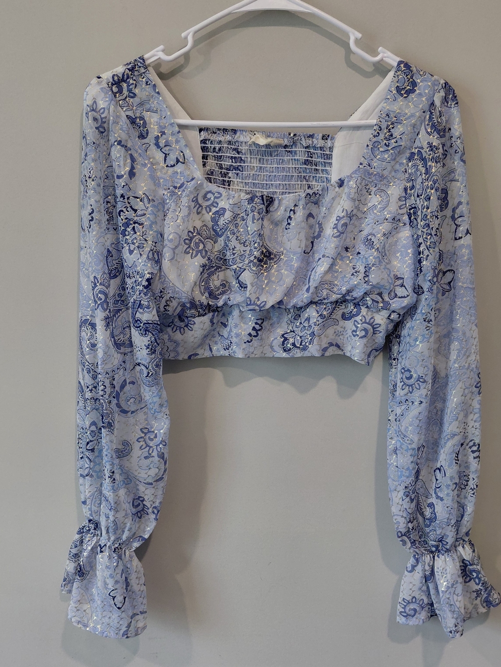 Altar'd State Light Blue Floral Smocked Long Sleeve Crop Top